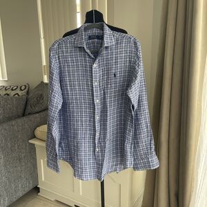 Polo Ralph Lauren Plaid Blue 100% Linen Long Sleeve Button Down Shirt Men’s M